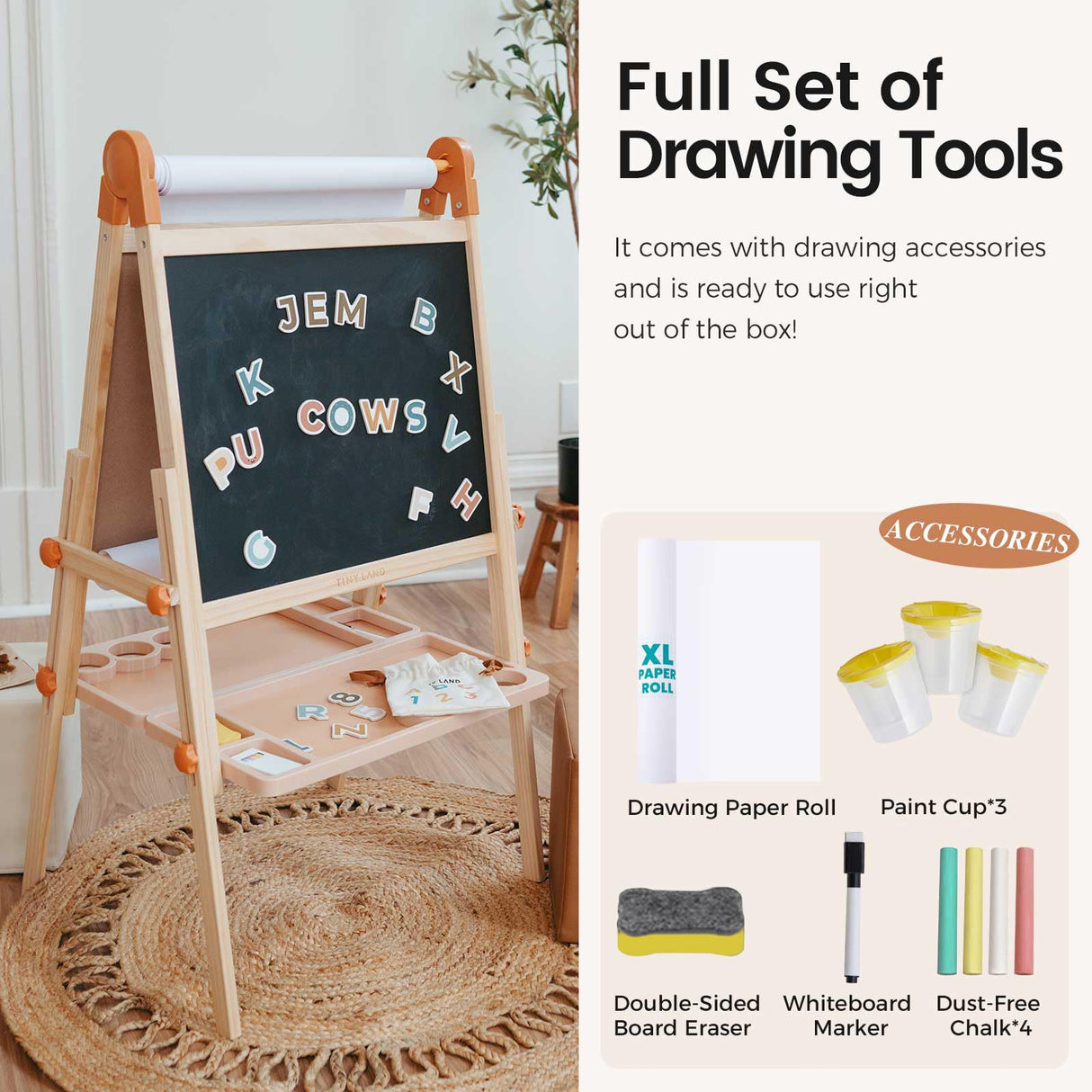 Tiny Land Easel for Kids, Double-Sided Magnetic Easel, Adjustable Wooden Kids Art Easel with Paper Roll, Learning-Toy for 3,4,5,6,7,8 Years Old Boy & Girls Tiny Land