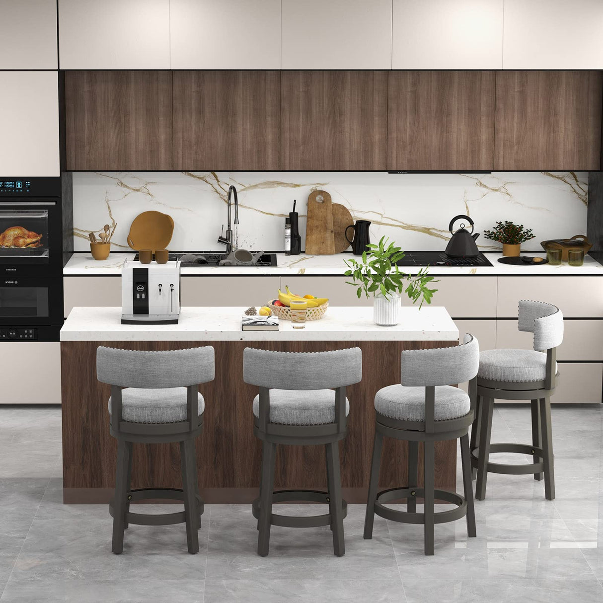 COSTWAY Bar Stool Set of 2, 27-inch 360° Swivel Barstool with Upholstered Back & Seat, Solid Rubber Wood Legs & Footrest, Farmhouse Counter Height Chair for Home, Bar, Cafe, Grey (2, Seat height 27‘’) COSTWAY