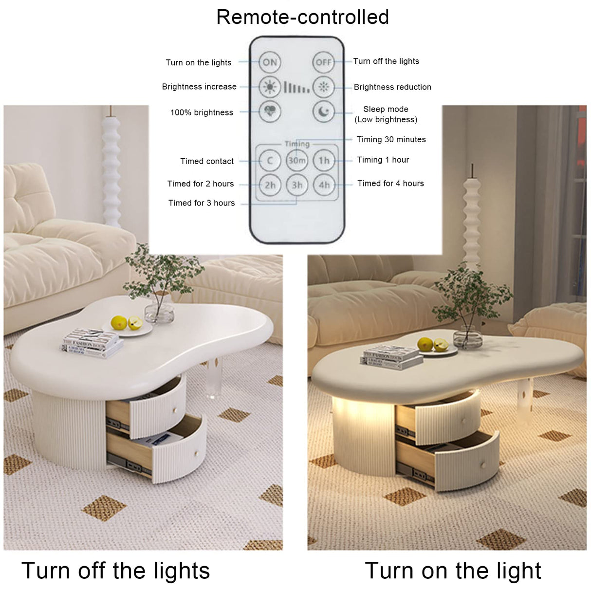 QQXX Cloud-Shaped LED Coffee Table,Irregular Cartoon Indoor Tea Table with 2 Drawers&Acrylic legs,Wood Round Corner Thicken End Table,for Living Room Bedroom(with light, Off white A) QQXX