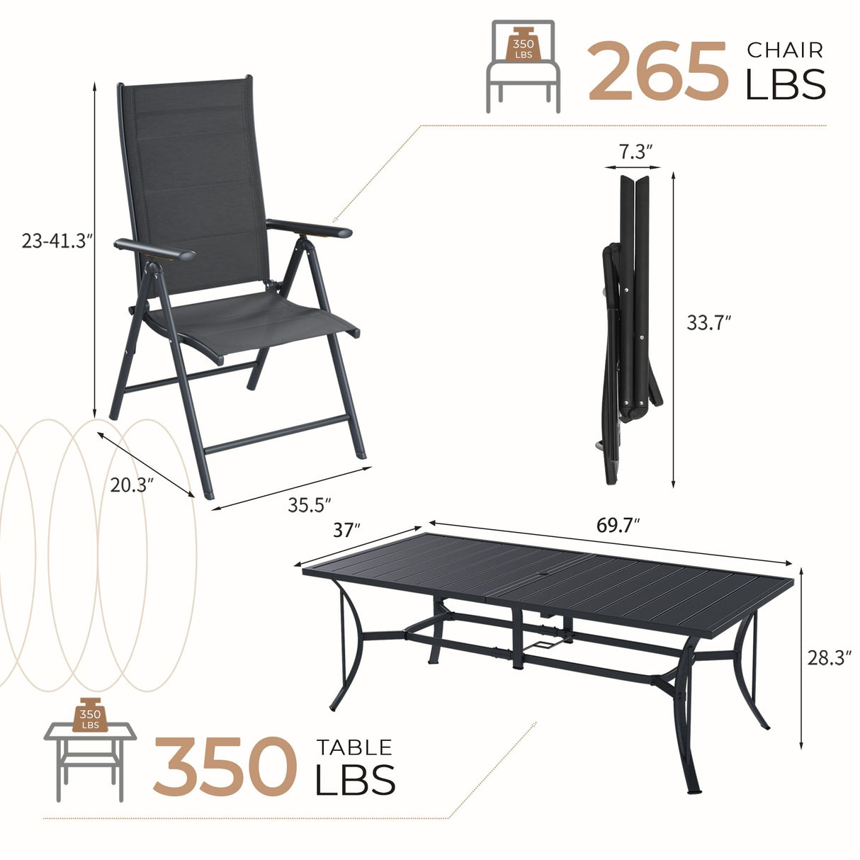 BUPPLEE 9-Piece Outdoor Dining Set with 8 Padded Aluminum Foldable Chairs & Rectangular Table with Umbrella Hole - Patio Furniture for Backyard, Balcony, Poolside BUPPLEE