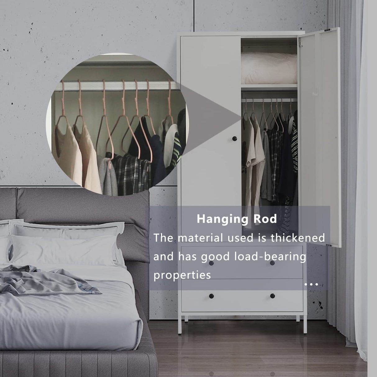 BESFUR Metal Wardrobe Cabinet with Hanging Rod, 74" H White Armoire Wardrobe Closet with Adjustable Shelves Farmhouse Metal Clothing Storage Cabinets for Bedroom,Office,Laundry Room BESFUR