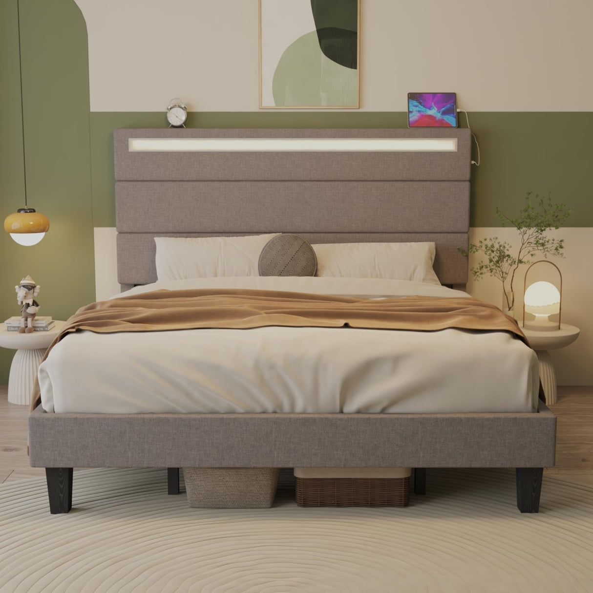 Forrise Full Size Upholstered Bed Frame with LED Lights and USB Ports - Modern Noise-Free Design in Grey Forrise