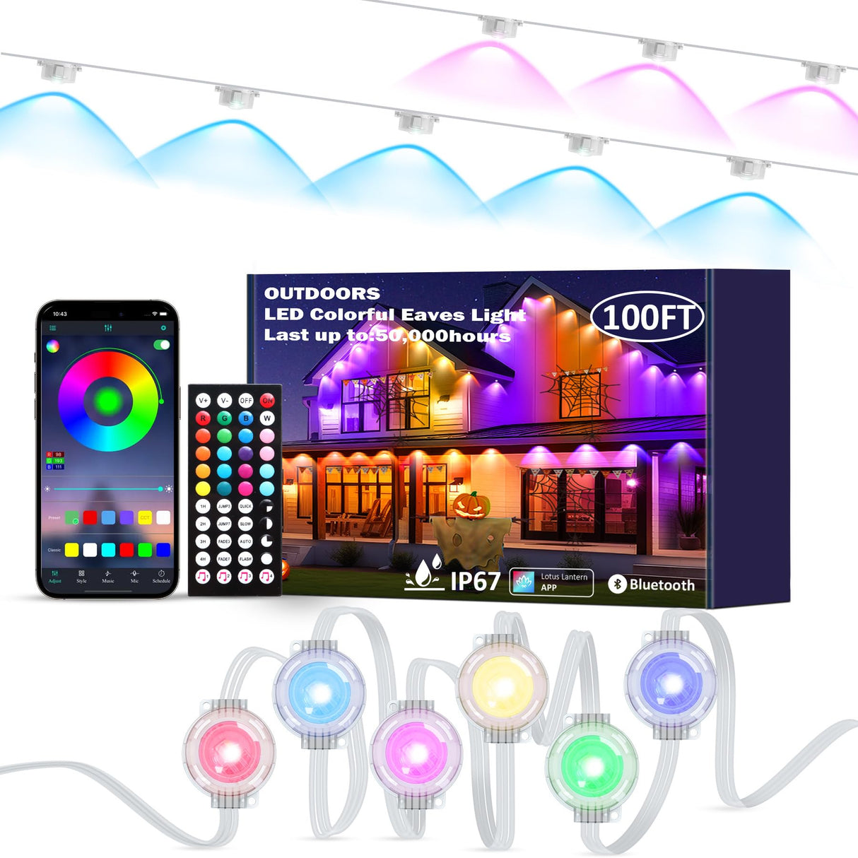 100FT Permanent Outdoor Lights, RGB LED Eaves Lights with APP/Remote Control, IP67 Waterproof LED String Lights for Christmas, Halloween, Garden Decor DIERLIGHT