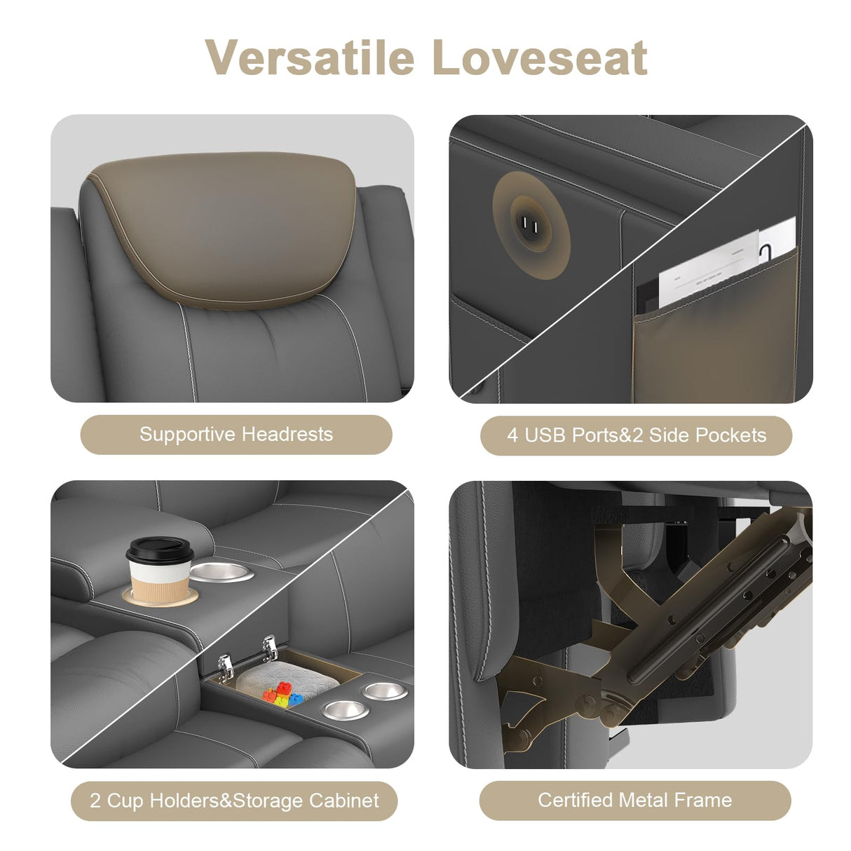 Dresegmt Loveseat Recliner Sofa, Gray PU Leather Double Recliner Loveseat with Console, Cup Holders, Storage & USB Ports, Ergonomics, Manual Reclining Sofa Couch for Living Room, RV Dresegmt