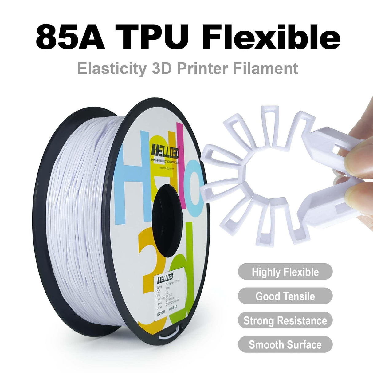 HEllO3D TPU Filament 1.75mm Flexible 3D Printer Filament,85A Soft 3D Printer Filament,TPU Elastomer 3D Filament,Vacuum Packed,Dimensional Accuracy +/- 0.05mm,1Kg Spool (1KG)(White) HELLO3D