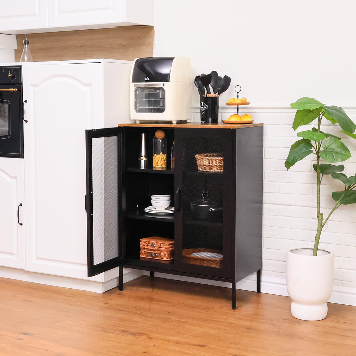 ALBAD Metal Storage Cabinet with Mesh Doors and Adjustable Shelves, Free Standing Sideboard Buffet Cabinet for Kitchen, Living Room, Dining Room, Home Office (Black) ALBAD