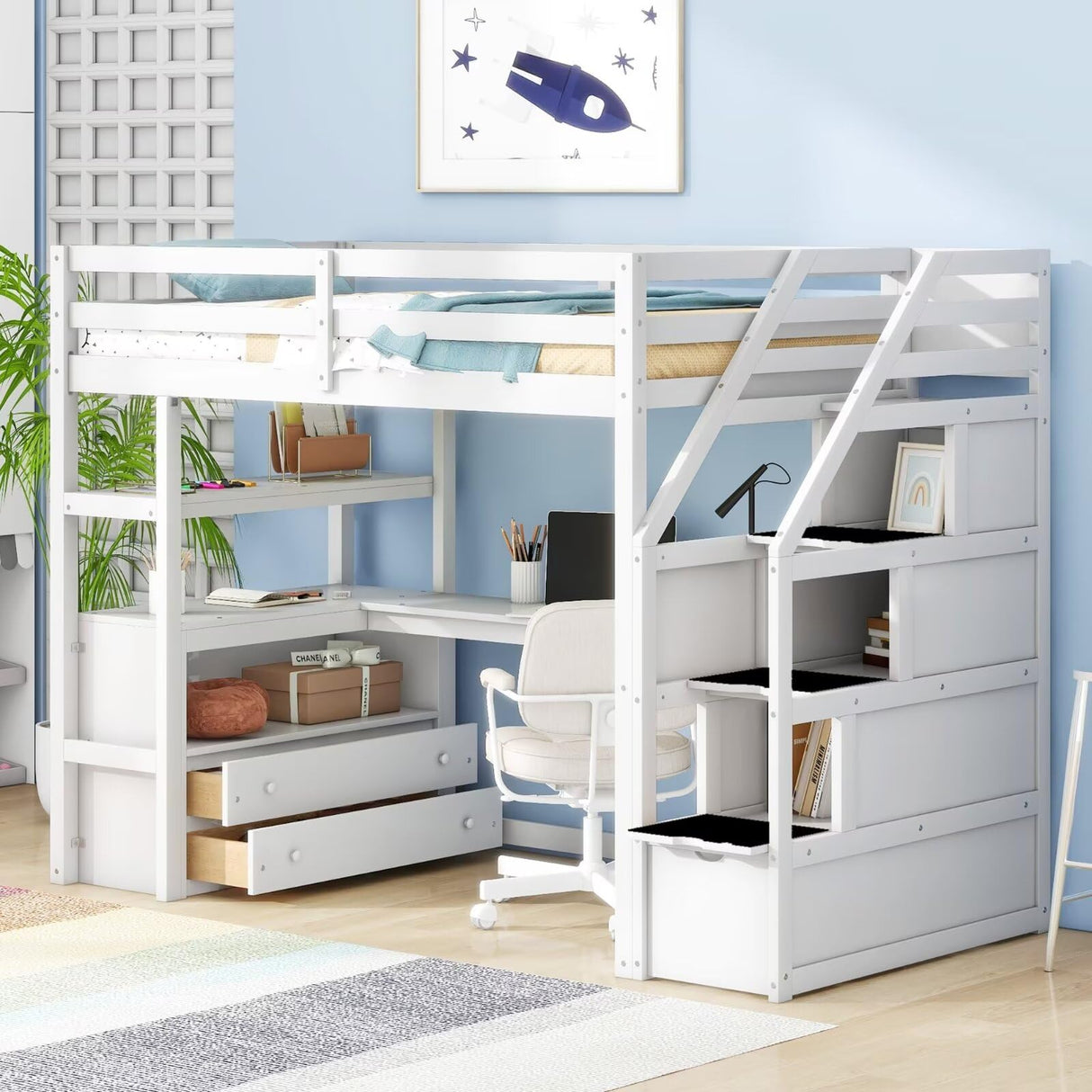 Merax Twin Loft Bed with Stairs and Desk, Solid Wood Loft Bed with Storage Stairs, Stairway High Loft Bed Frame with Storage Steps for Kids Teens Juniors, White Merax