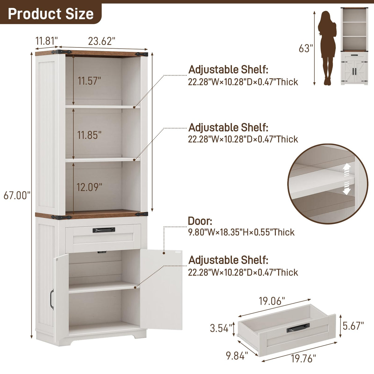 Vabches Bookshelf with Storage Cabinet, Farmhouse Bookshelf with Adjustable Shelves Tall Bookcase with Barn Doors and Drawer Freestanding Display Book Shelf for Office Living Room (Antique White) Vabches