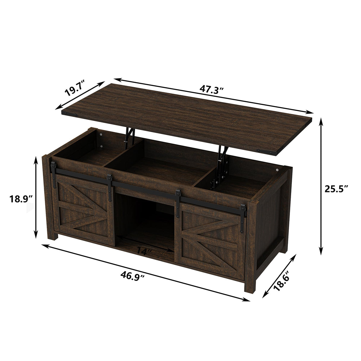 Furnihold 47.3'' Lift Top Coffee Table Rectangle Farmhouse Coffee Table with Storage Rustic Center Table with Sliding Barn Doors for Living Room, Home, Dark Brown Furnihold