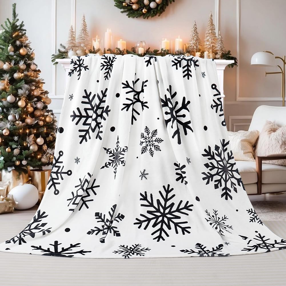Christmas Snowflake Blanket Ultra Soft Winter Holiday Throw Blanket Xmas Idea Gifts Flannel Fleece Bed Blankets Lightweight Warm Cozy Fuzzy Plush Cabin Throw for Sofa Couch, Black White, 50" X 60" Yersion