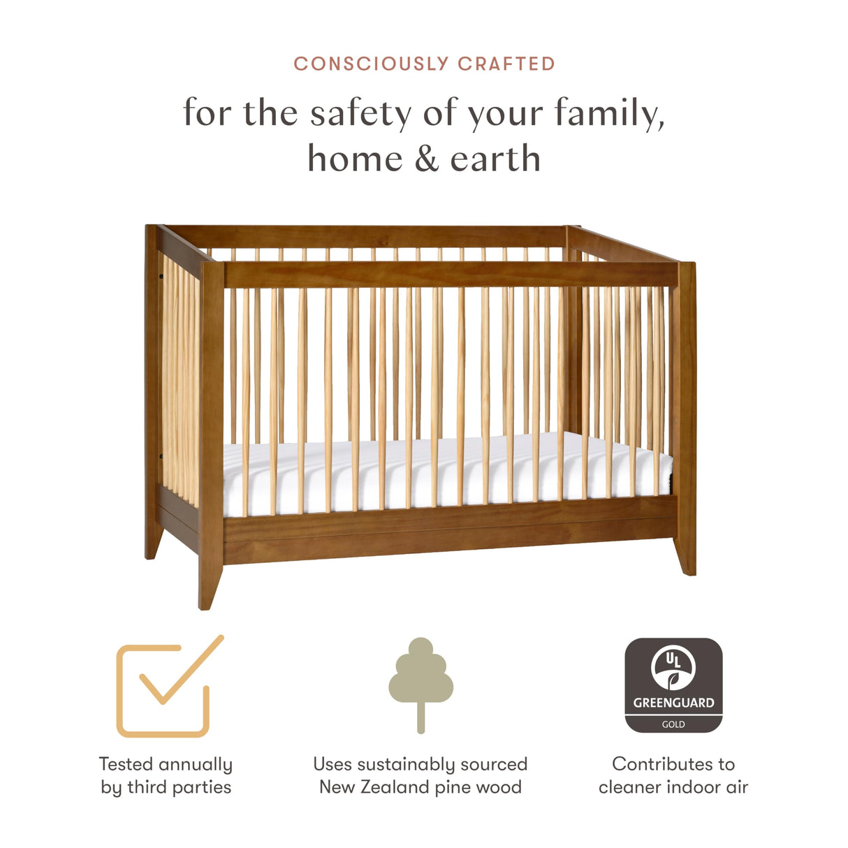 Babyletto Sprout 4-in-1 Convertible Crib with Toddler Bed Conversion Kit in Chestnut and Natural, Greenguard Gold Certified babyletto
