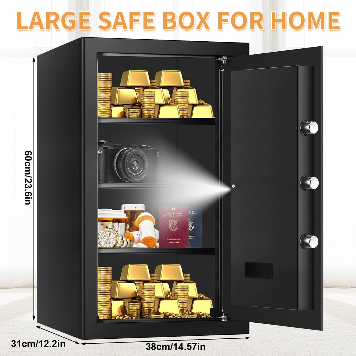 5.1 Cub Large Safes for Home Use Fire and Water Proof, Anti-theft Home Security Safe With Digital Keypad & 3 Removable Shelves and Led Light, Fireproof Safe Box for Documents Money Firearm Valuables Psisuvry