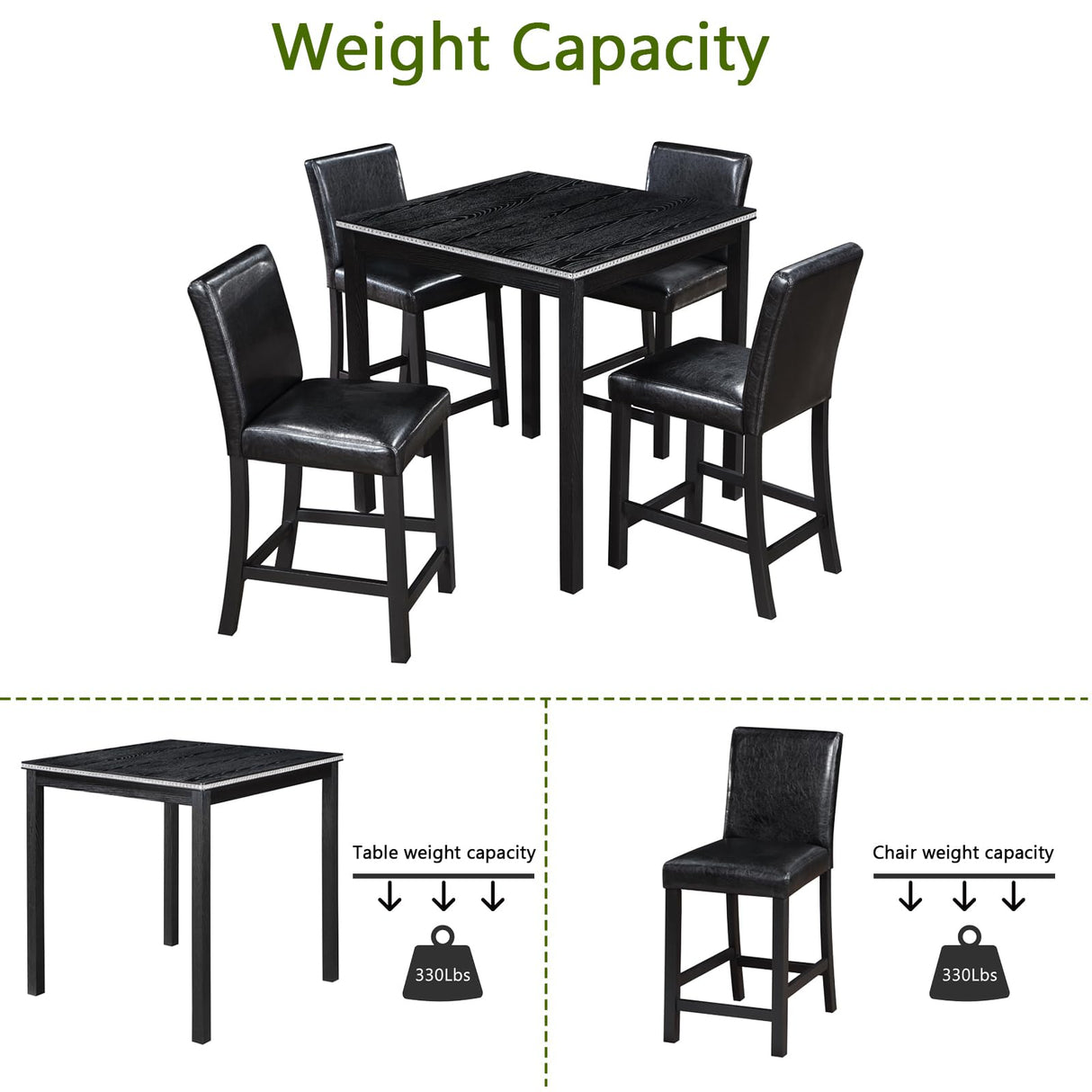 KEIKI 5-Piece Counter Height Dining Table Set with Square Table and 4 Upholstered Chair, for 4 Person, Classic Style Crystal Decoration Wooden Table Set, Easy Assembly, for Kitchen, Dining Room, Black KEIKI