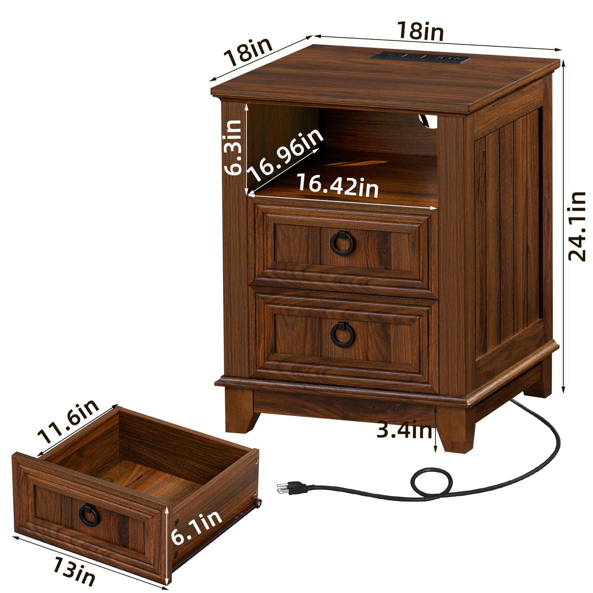 Joaxswe 18" Farmhouse Night Stands Set of 2 with Charging Station, 2 Drawers End Table Dresser for Bedroom, Brown Wooden Nightstand, Bed Side Table with Open Shelf, Bedside Cabinet for Living Room Joaxswe