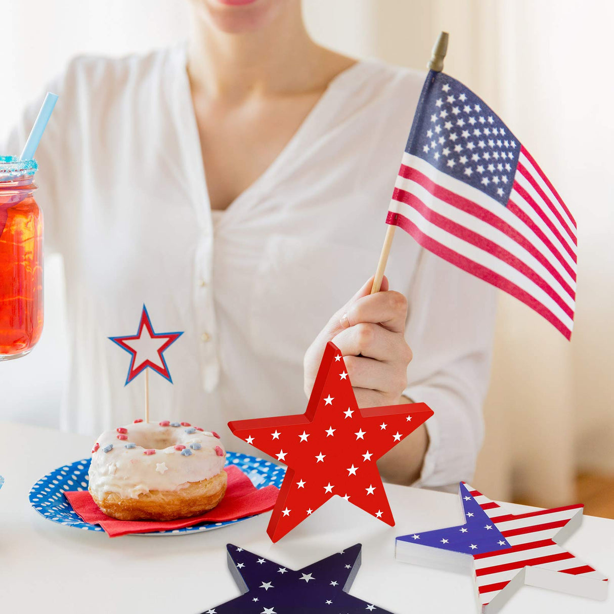 Youyole 3 Pieces Independence Day Wooden Star Blocks Patriotic Wood Star Standing Blocks 4th of July Tabletop Decor for American Festival Celebration Home Decor (American Flag Prints Series) Youyole