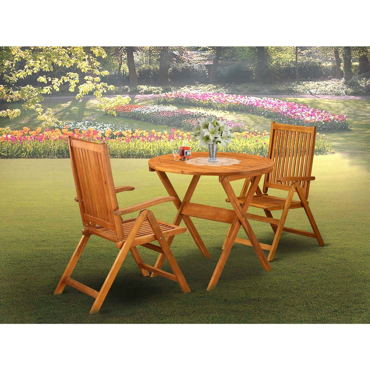East West Furniture Marion 3 Piece Outdoor Conversation Bistro Set Contains a Round Acacia Wood Coffee Table and 2 Folding Adjustable Arm Chairs, 30x30 Inch, Natural Oil East West Furniture