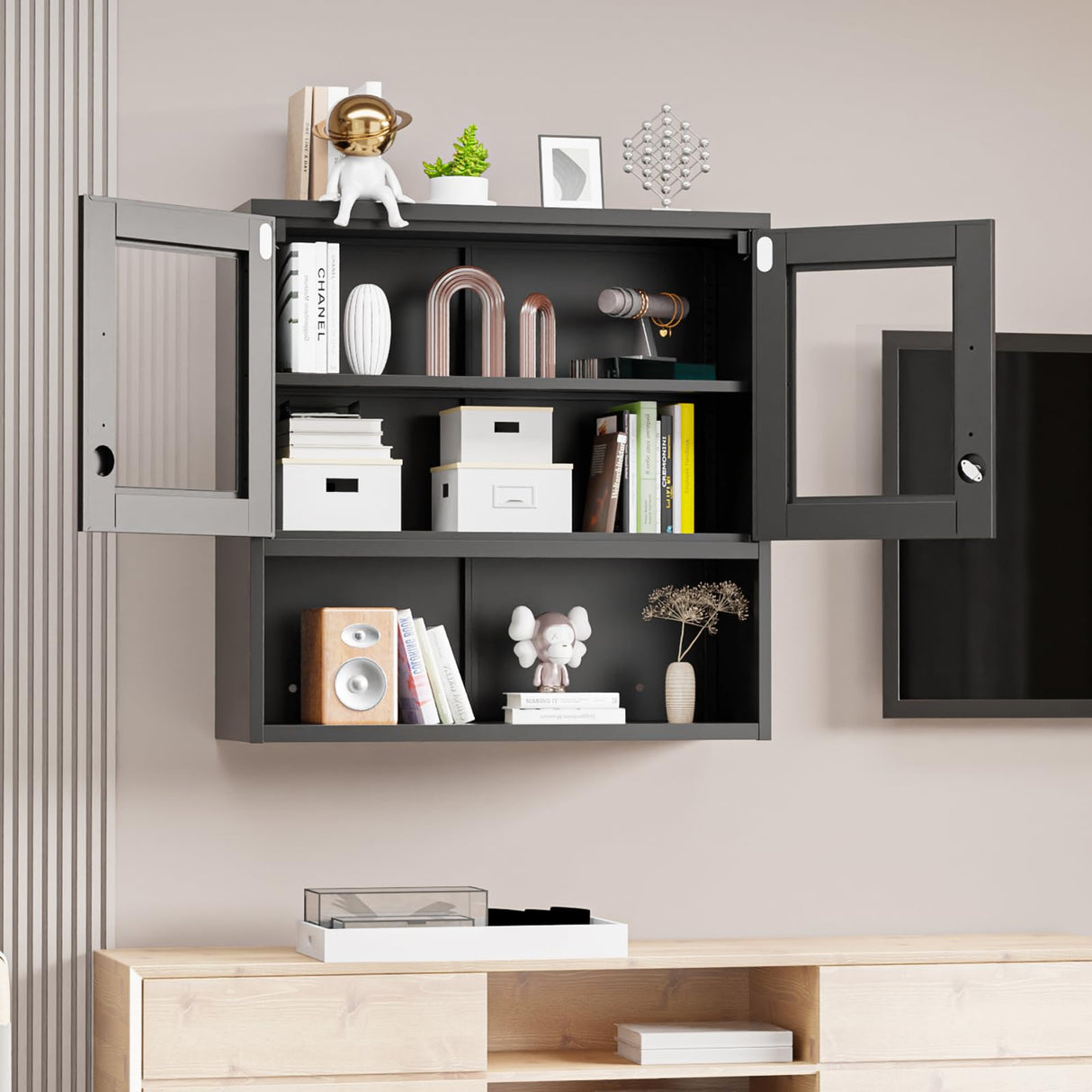 VINGLI Metal Wall Cabinet with Locking Glass Doors & Magnetic LED Sensor Light, Adjustable Shelf, Wall Mounted Storage Display Cabinets for Garage, Kitchen, Home Office, Warehouse, Living Room, Black VINGLI
