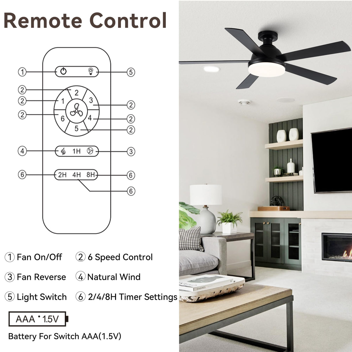 ELEVARAWOOD Black Ceiling Fan with Light, 52 Inch Outdoor Ceiling Fans with Lights and Remote, Modern Indoor Bedroom Ceiling Fan Noiseless, Reversible Blades, DC Motor ELEVARAWOOD