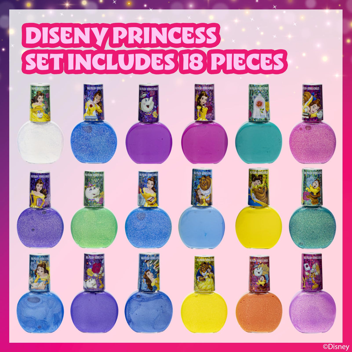 Townley Girl Disney Princess Belle 18 Piece Water-Based Nail Polish Set, Quick Dry and Peels-Off, Nail Paint Set for Girls, Perfect for Parties, Sleepovers and Makeovers, Ages 3 Townley Girl
