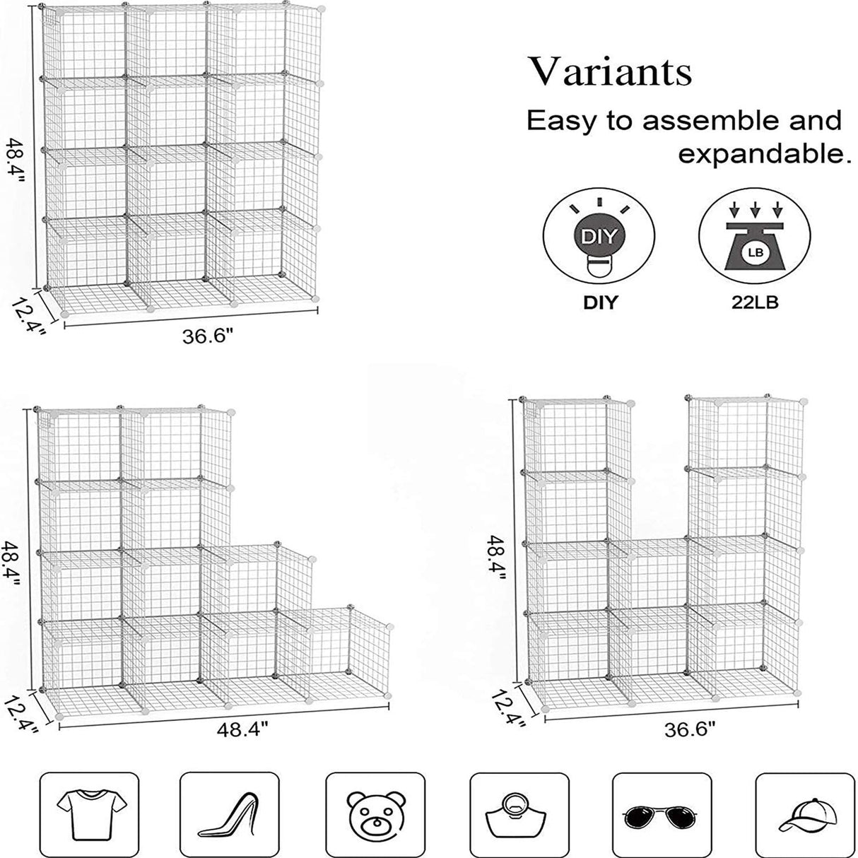 C&AHOME Wire Cube Storage, 12-Cube Storage Organizer Metal, C Grids Storage Bins Shelving, Modular Bookshelf Shelf, Closet Cabinet Ideal for Bedroom, Office 36.6”L x 12.4”W 48.4”H White C&AHOME