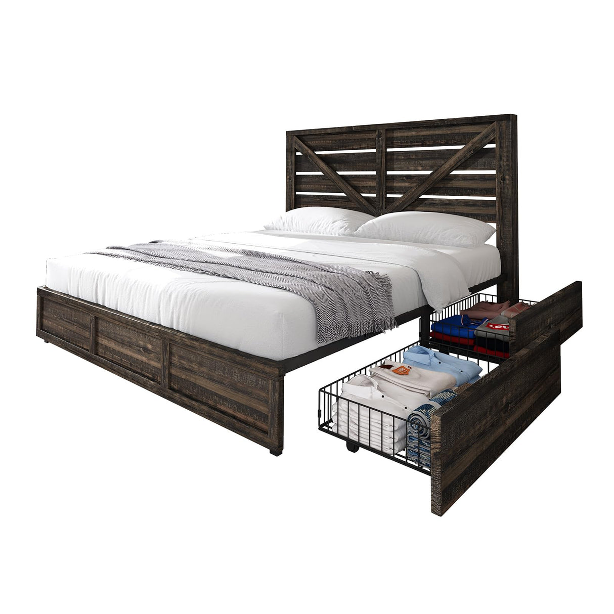 AMERLIFE Queen Size Farmhouse Bed Frame with 4 Drawers, Wooden Storage Bed Frame with Headboard and Heavy Duty Metal Slats, Noisy Free, Easy Assemble, Rustic Black AMERLIFE