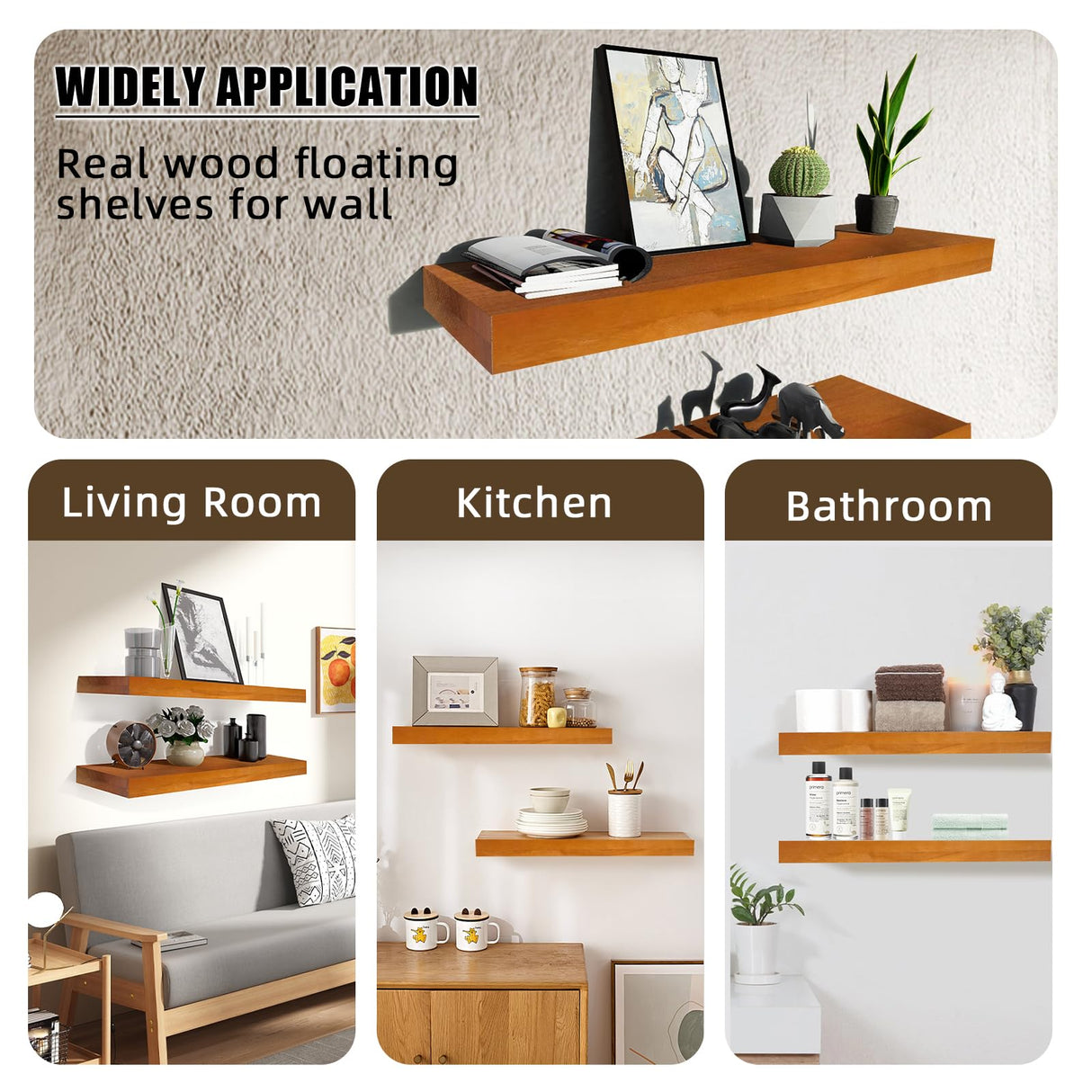 Beneouya 24 Inch Floating Shelves, Bathroom Wooden Shelves for Wall Mounted, Rustic Farmhouse Floating Shelves, Solid Wood Wall Shelves for Storage, Set of 2, Honey Oak Beneouya