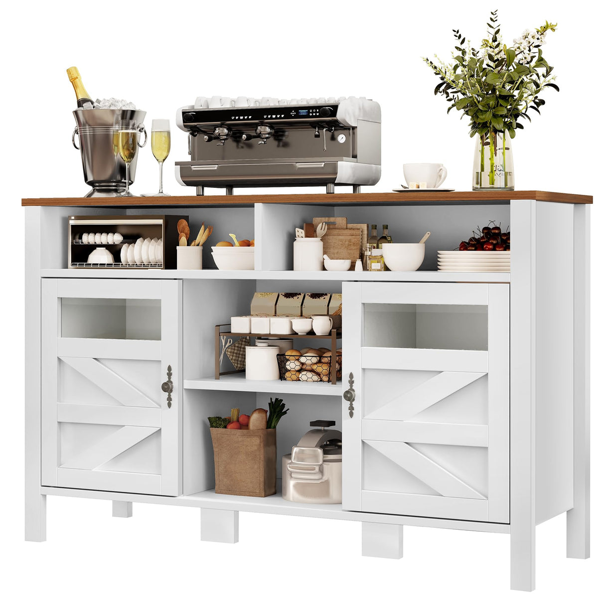 YITAHOME 55'' Farmhouse Buffet Cabinet with Storage, Large Sideboard Cabinet with 2 Doors & Open Storage, Versatile Coffee Bar Table for Kitchen & Living Room (White) YITAHOME