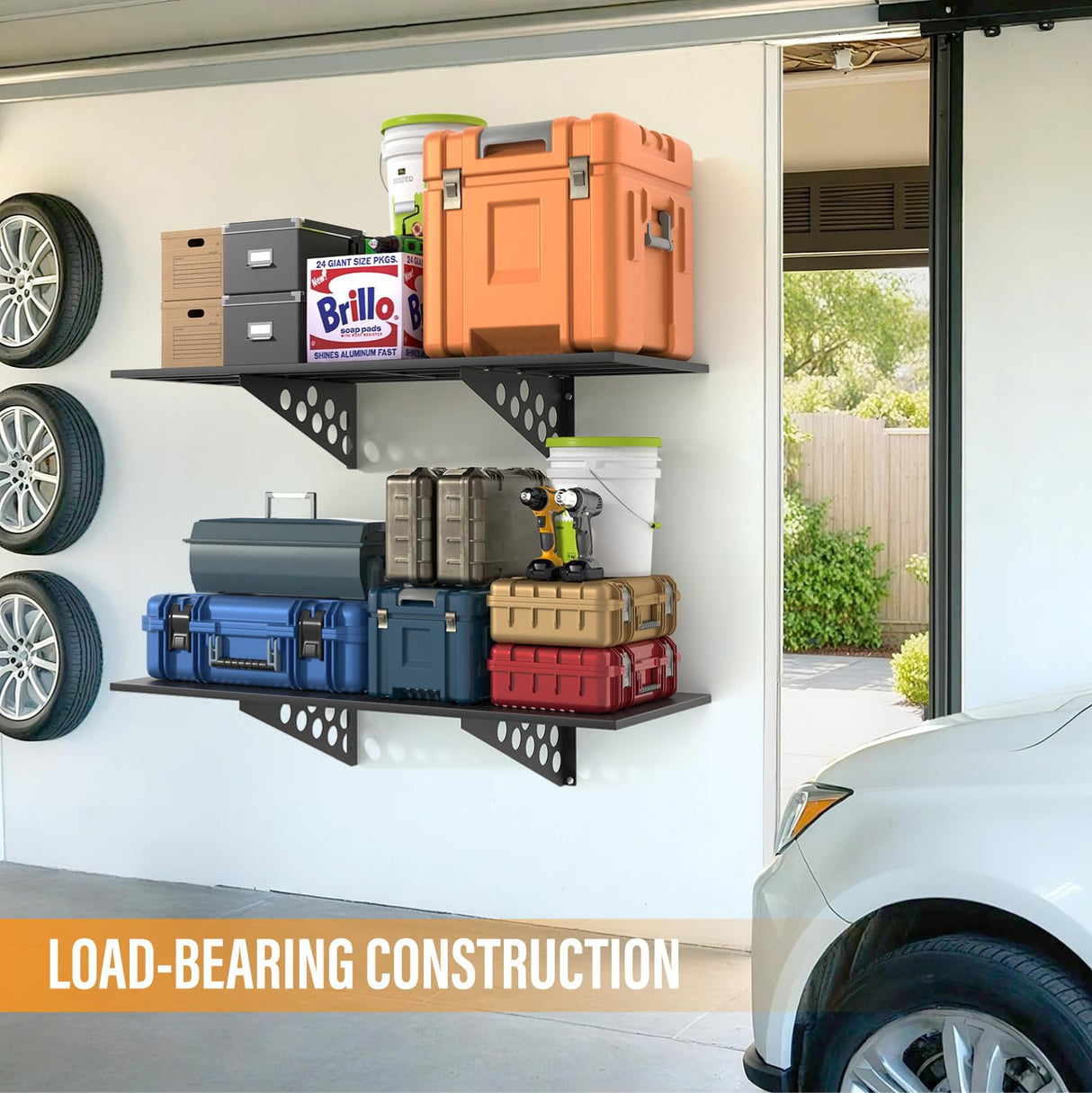 4 Pack 1,5x4ft Heavy Duty Garage Wall Shelving, Garage Shelving Wall Mounted, Storage Rack with Hooks (Black) BTRAM