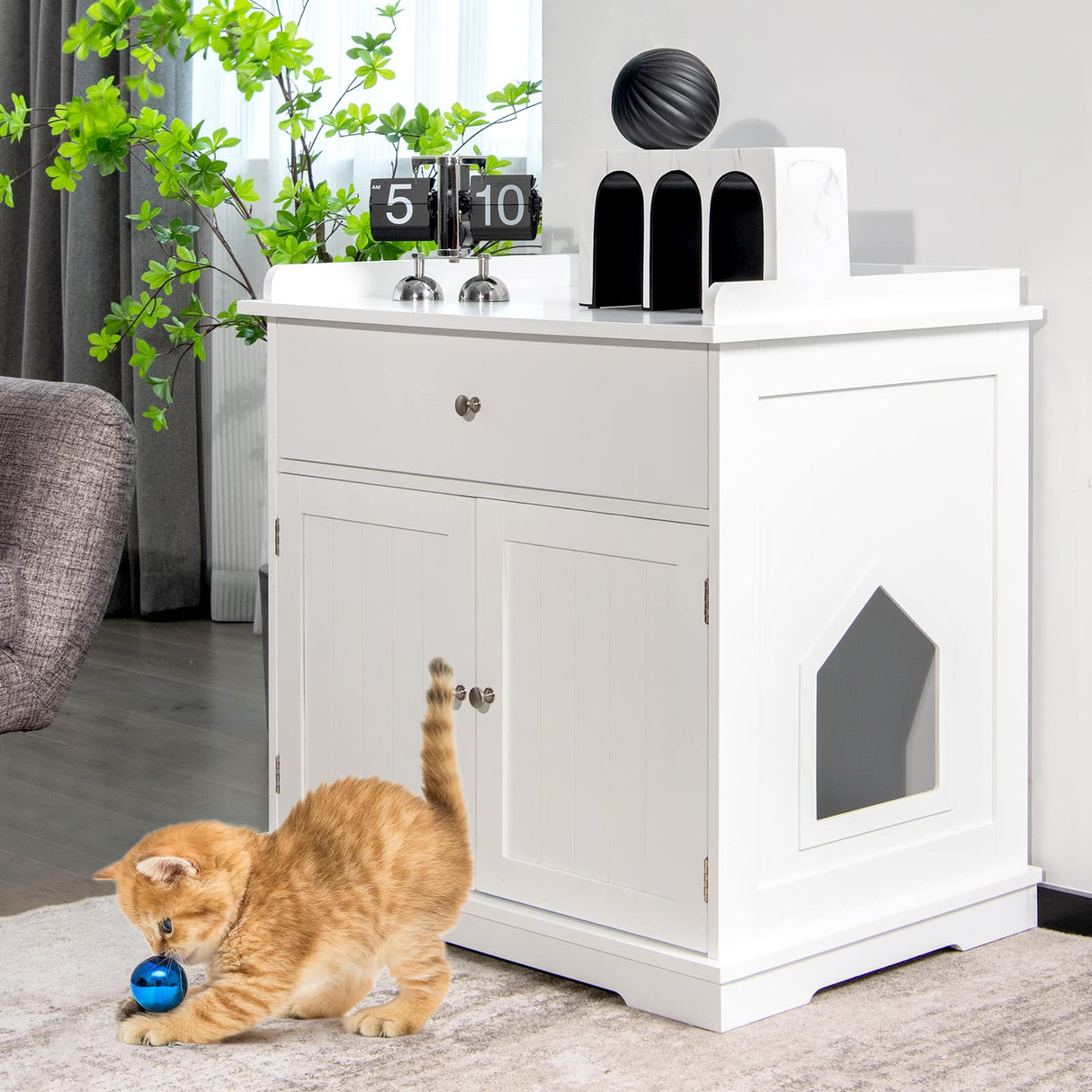 Tangkula Litter Box Enclosure, Cat Litter Box Furniture Hidden with Large Drawer, 2 Doors, Indoor Cat Washroom Storage Bench Side Table Cat House, Large Wooden Enclosed Litter Box Cabinet (White) Tangkula