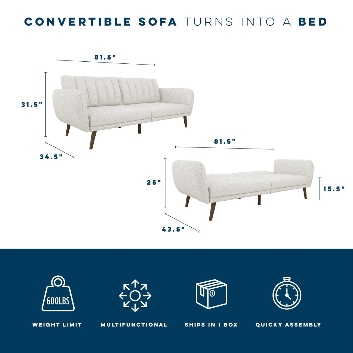 Novogratz Brittany 82 Inch Futon Sofa Bed, Upholstered Couch Sleeper with Tufted Back, Mid-Century Modern, Light Gray Novogratz