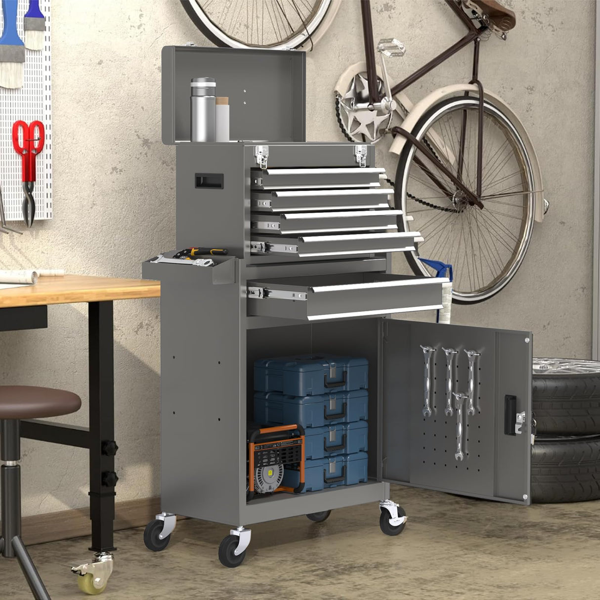 5-Drawers Gray Tool Chest, 2-in-1 Mechanic Rolling Tool Box Removable Lockable Tool Storage Cabinet, Metal Tool Cart with Drawers and Wheels for Garage, Workshop CMFYDAILY