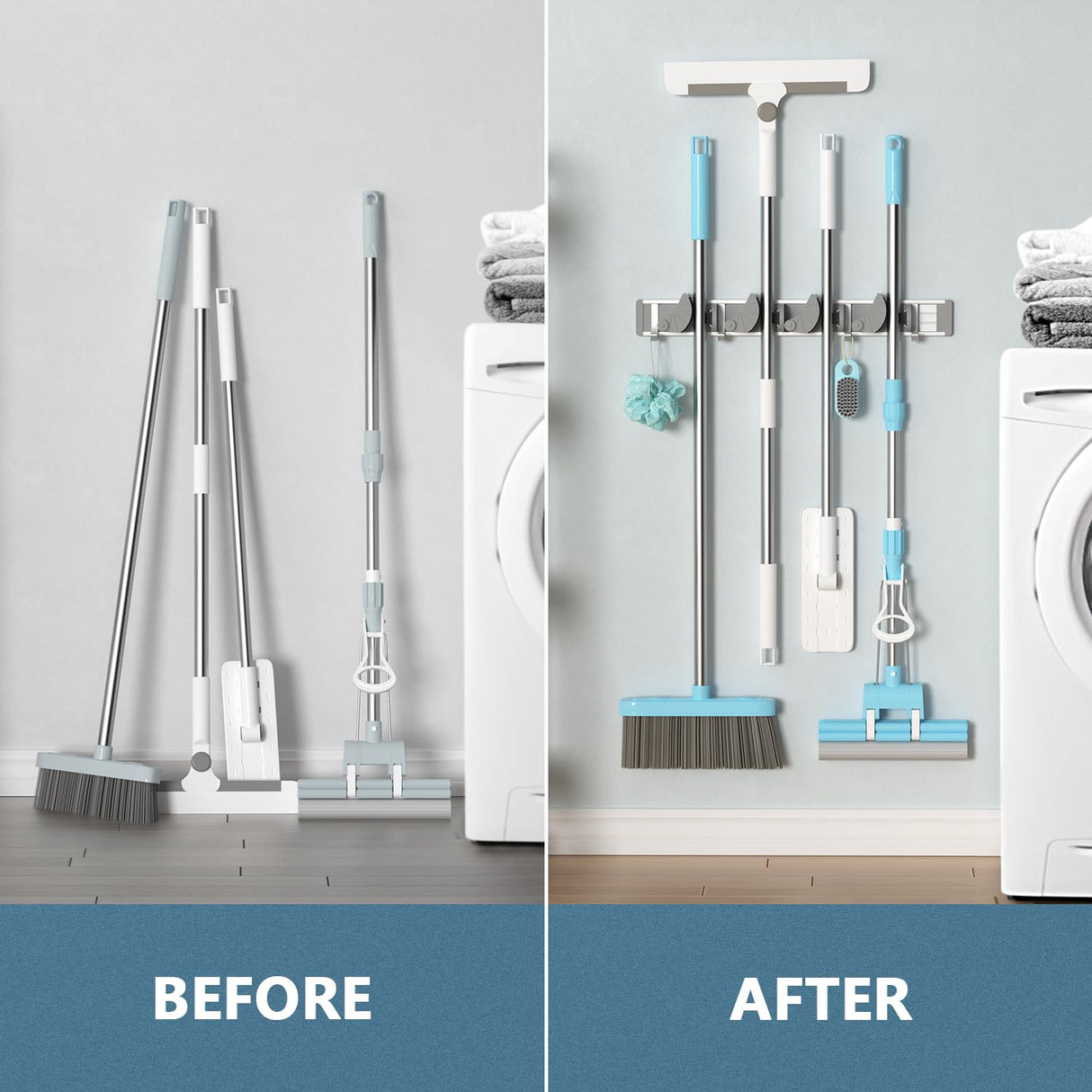 Holikme Mop Broom Holder Wall Mount Metal Pantry Organization and Storage Garden Kitchen Tool Organizer Wall Hanger for Home Goods (4 Positions with 4 Hooks, Silver) Holikme