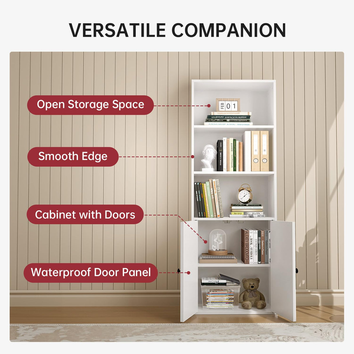 oneinmil 5 Tier Bookshelves and Bookcase with Doors Industrial Set of 2 Double Wide Floor Standing Book Shelf 59" Tall Display Shelves Bookshelf with Storage Cabinets for Living Room, White oneinmil