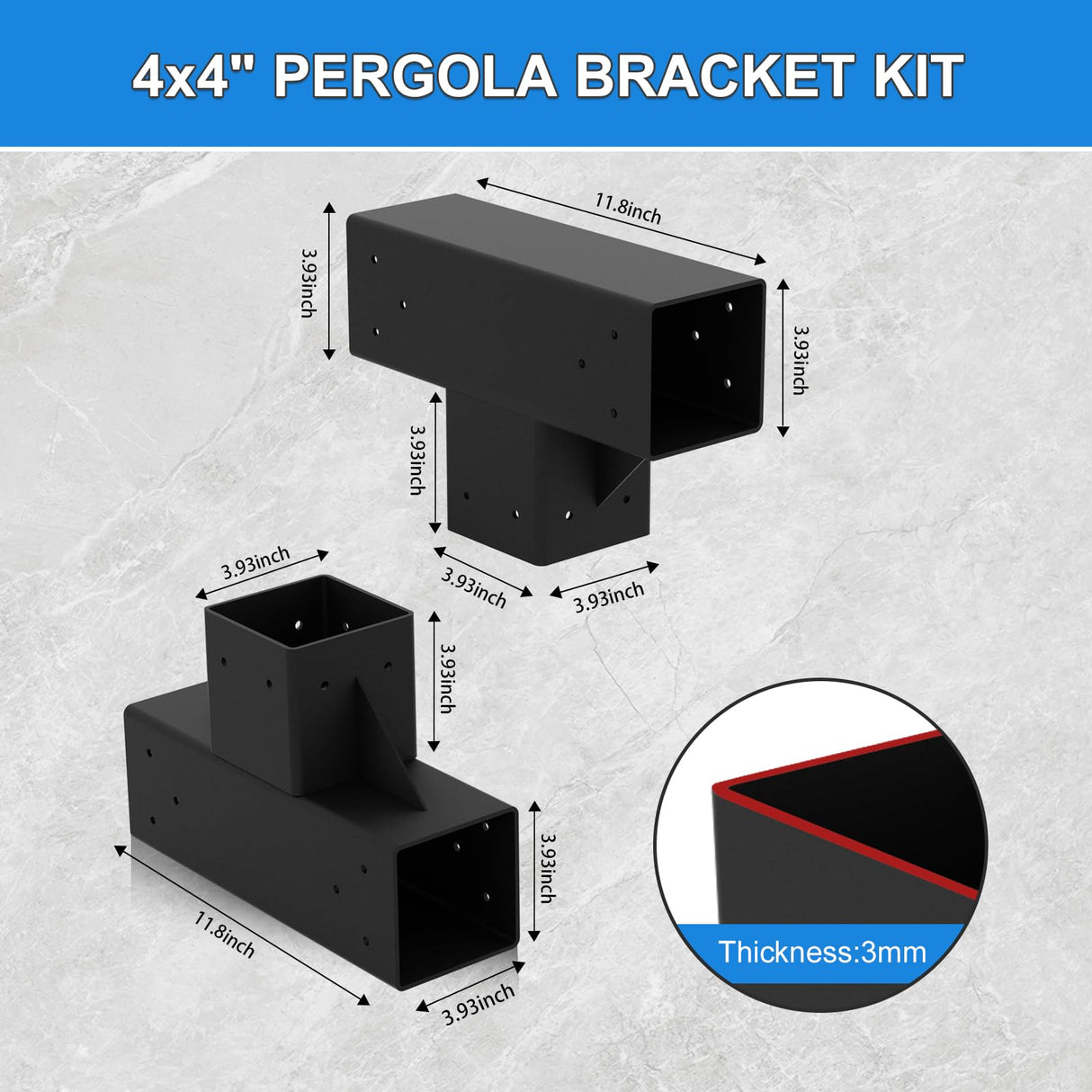 Vlaeng Pergola Kit 4x4", 4 Pcs 3-Way T-Shaped Woodworks Gazebo Brackets Kit with Screws for 4x4(Actual: 3.7x3.7") Wood Beams for Patio Pergola, Log Cabins, Garden, Lumber Gazebo, Black Powder Coating Vlaeng