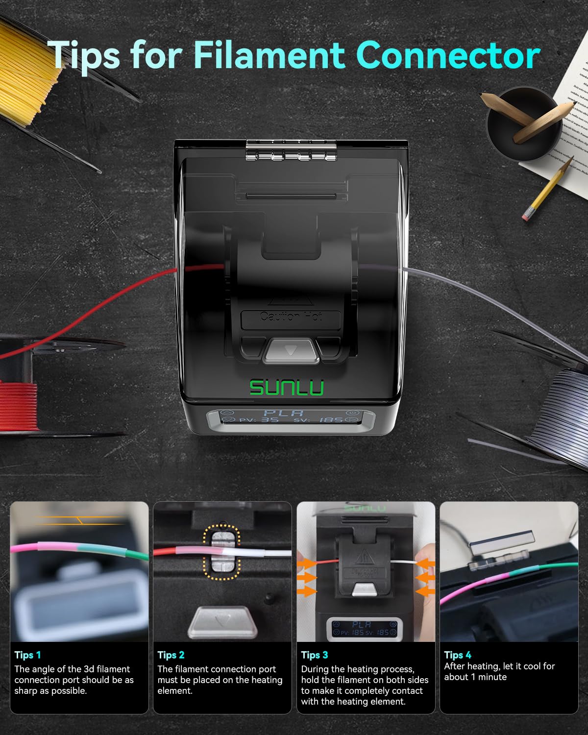 SUNLU Official Filament Connector, Fast Heating Filament Connector for 3D Printer Filament 1.75mm, Up to 240°C, Compatible with PLA PETG TPU ABS PA Nylon, Easy to Use, Pack with 200PCS PTFE Sleeve SUNLU