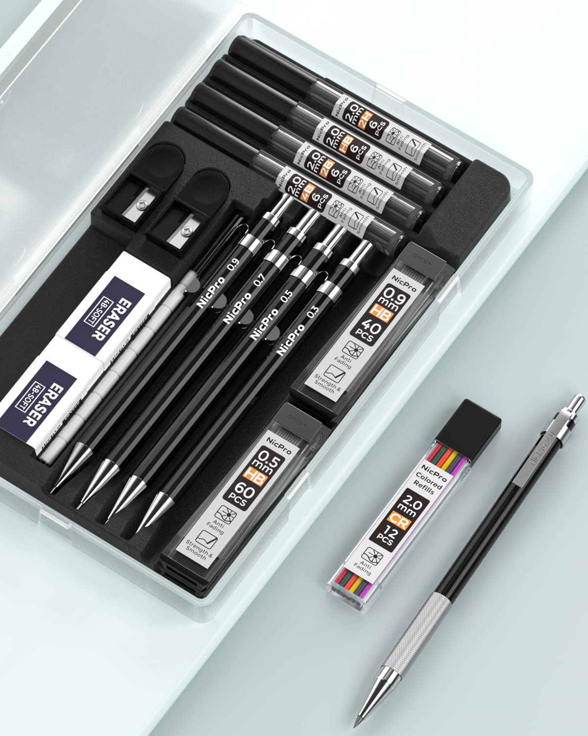 Nicpro Black Art Mechanical Pencil Set in Case, Metal Drafting Pencils 0.3, 0.5, 0.7, 0.9 & 2mm Graphite Holders (2H HB 2B 4B Colored Lead) for Sketching Drawing with 9 Lead Refills, 2 Erasers Nicpro