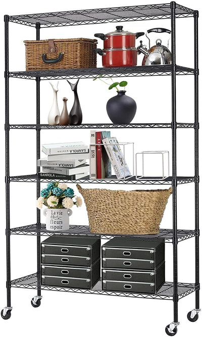 Commercial Wire Shelving Unit Metal Shelf Casters Adjustable Layer Rack Strong Steel for Restaurant Garage Pantry Kitchen Garage (48×18×72, Black)