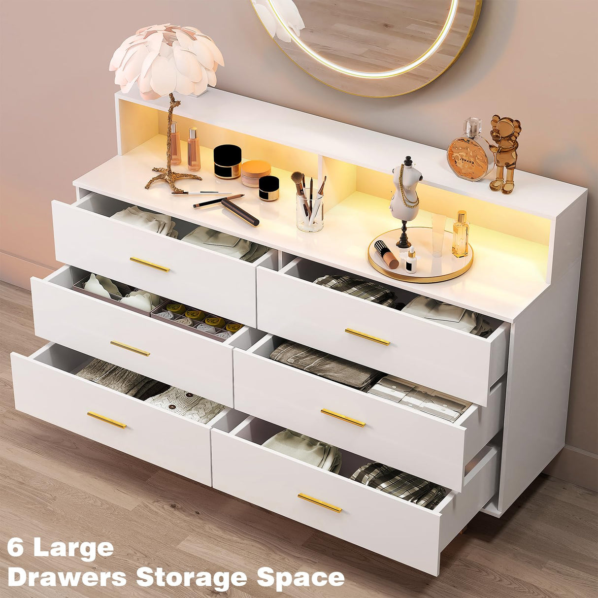 UNIQUITE 6 Drawers Dresser with LED Light and Power Outlet, Wood White Dressers for Bedroom & Chests of Drawers, Large Double Dressers for Bedroom, Living Room, Entryway, Hallway UNIQUITE