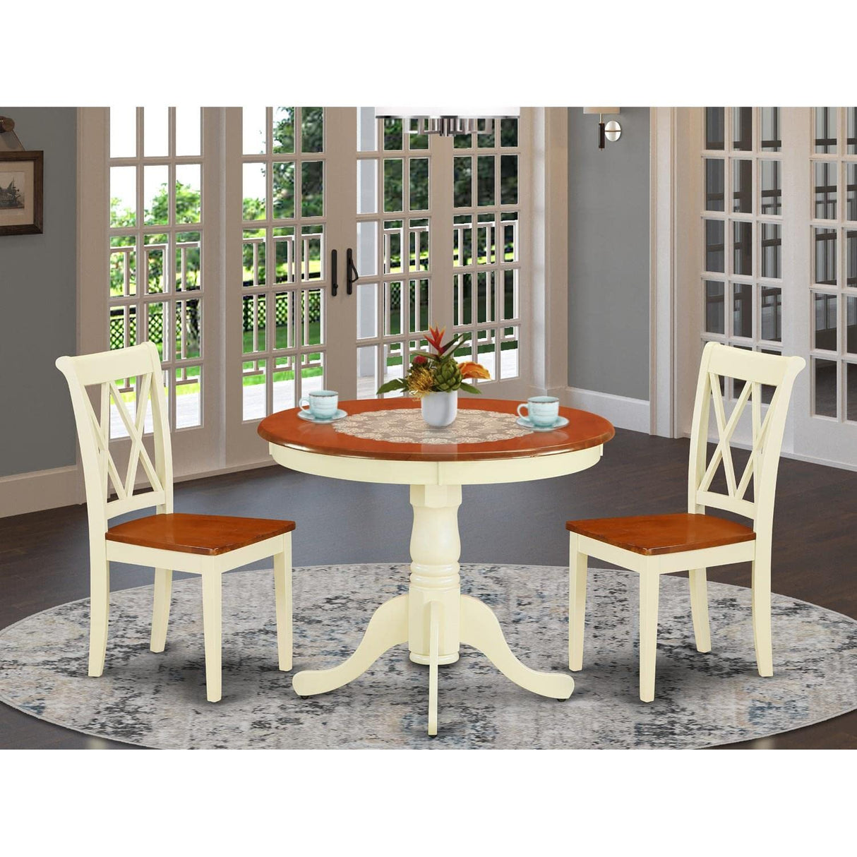 East West Furniture ANCL3-BMK-W 3 Piece Dining Table Set for Small Spaces Contains a Round Kitchen Table with Pedestal and 2 Dining Chairs, 36x36 Inch, Buttermilk & Cherry East West Furniture