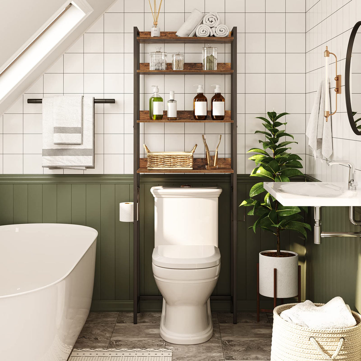 MAHANCRIS Rustic Brown 4-Tier Over The Toilet Storage Rack with Hooks - Versatile Bathroom Organizer MAHANCRIS