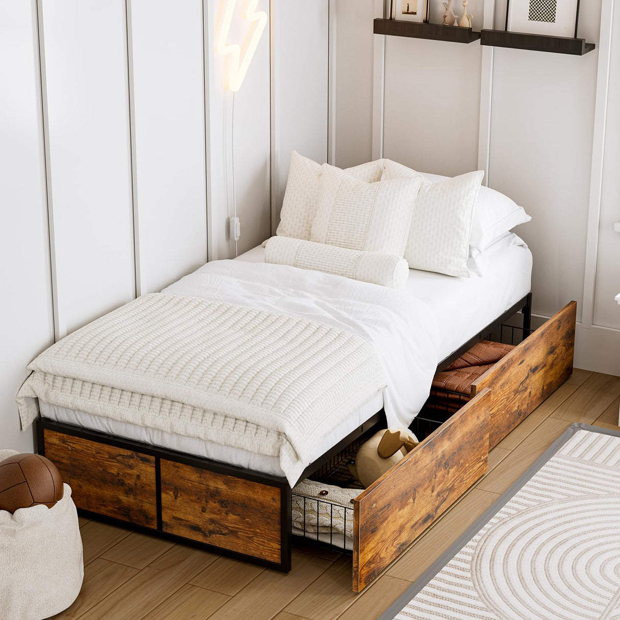 GAZHOME Twin Bed Frame with 2 XL Storage Drawers, Metal Platform Bed Frame with Footboard, 9 Strong Metal Slat Support/No Box Spring Needed/Easy Assembly/Space Saving Wood GAZHOME