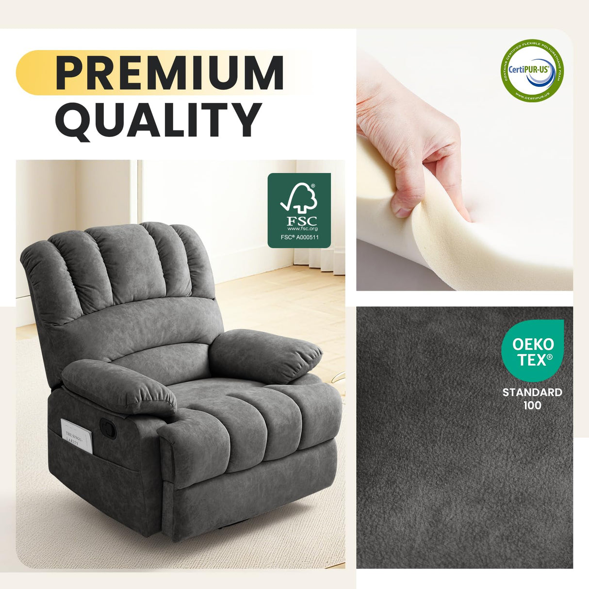 Oversized Recliner Chair,360°Swivel Rocker Recliner for Big Man,Extra Wide Manual Recliners,Overstuffed Soft Rocking Sofa Chair for Living Room,High Back,Large Footrest(Gray) Generic