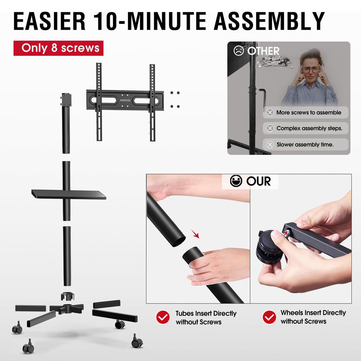 AOKCOS Rolling TV Stand - Mobile TV Stand on Wheels for 32-65 inch Flat/Curved TVs with Tilting, Height Adjustment Portable Rolling TV Cart Hold up to 88 Lbs for Livingroom, Bedroom, Office, Outdoor AOKCOS