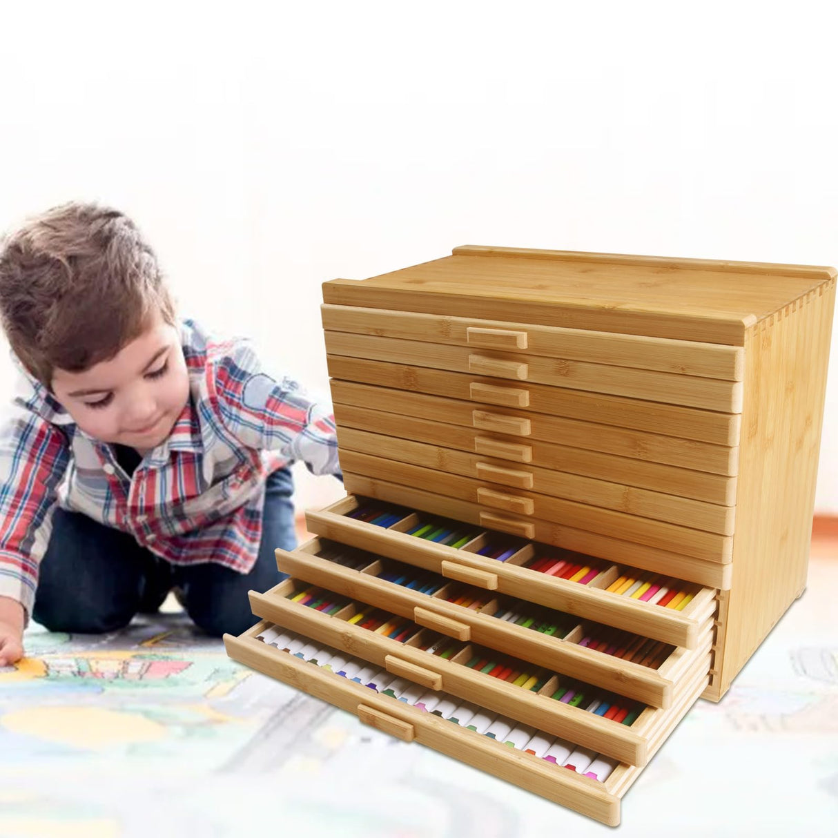 Vencer 12-Drawer Bamboo Artist Supply Storage Box - Effortlessly Organize and Store Pencils,Pens,Pastels,Markers,Brushes,and Tools with Adjustable Compartments and Generous Capacity,VAO-020 Vencer