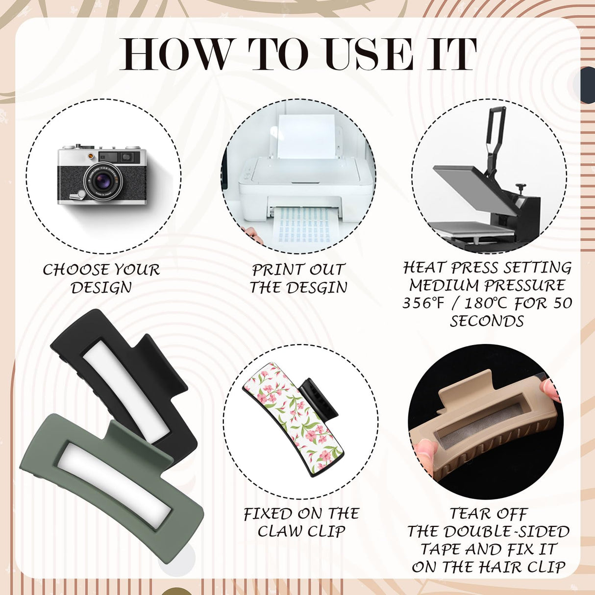 Yuxung 12 Pcs Hair Claw Clips Cover Sublimation Blanks with 6 Pcs Hair Claw Clips Sublimation Hair Claw Clips Cover Blanks 4" 4.1" 4.2", PU Leather for Hair Clips and Claw Clips (Neutral Color) Yuxung