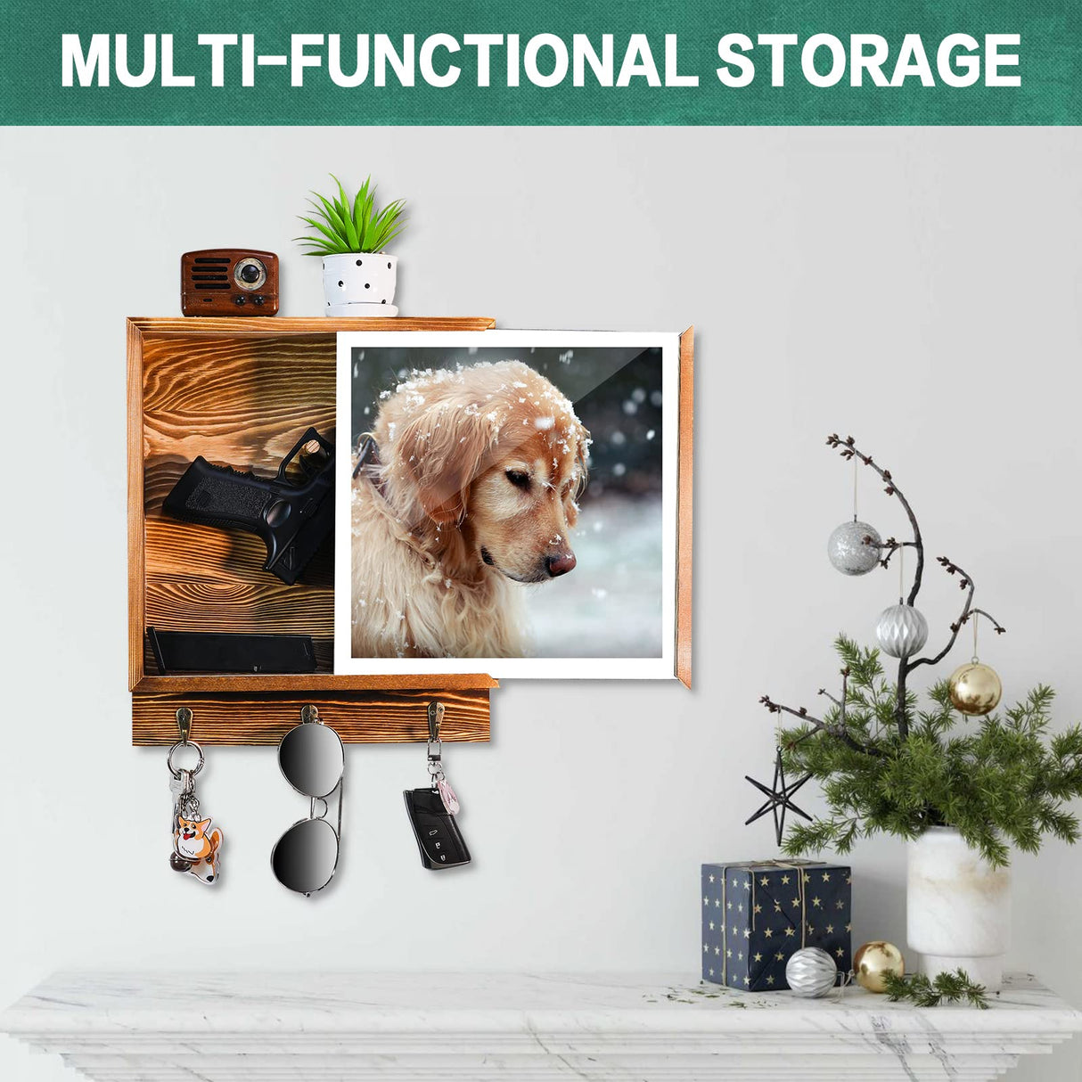 MOCAS Hidden Gun Storage, Hidden Wall Gun Safe Pistol Rack Shelf with 3 Hooks for Secret Decor Concealment Furniture, Art Storage Cabinet Wooden Storage Shelves Indoor Picture Frame MOCAS