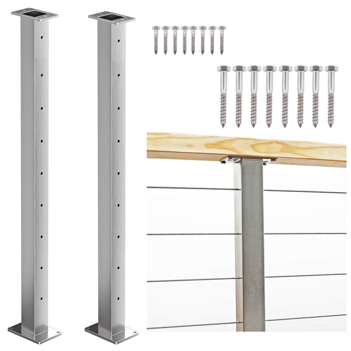 Deck Man 2 Pack Stainless Steel Cable Railing Posts 36inch Level Line Intermediate Post(2×2") for Deck Cable Railing System (Silvery, 36IN) Deck Man
