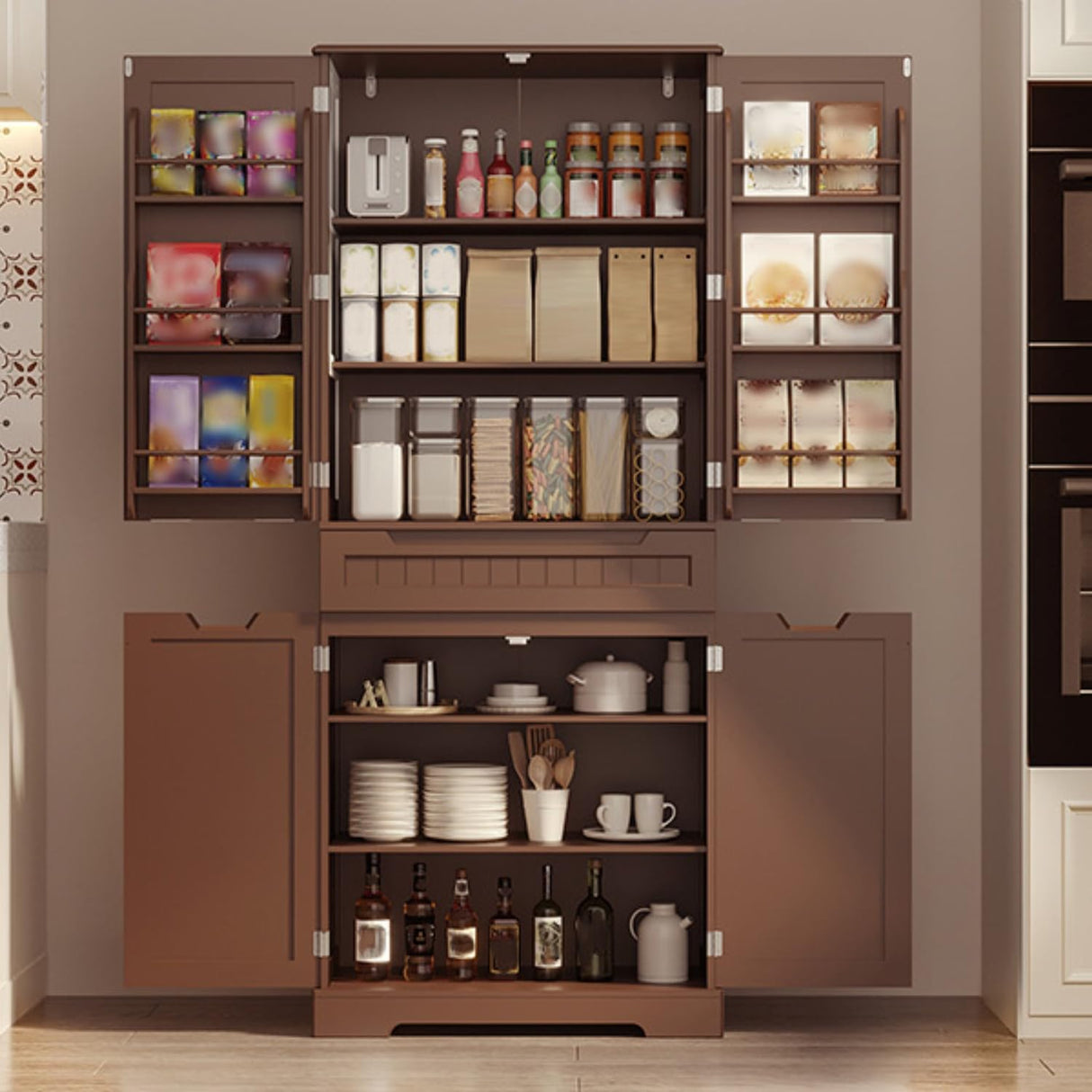 Gizoon 71" Kitchen Storage Cabinet with Doors and Shelves Large Pantry Storage Cabinet Freestanding Bathroom Cabinet with Drawer for Dining Room Craft Room, Dark Brown Gizoon