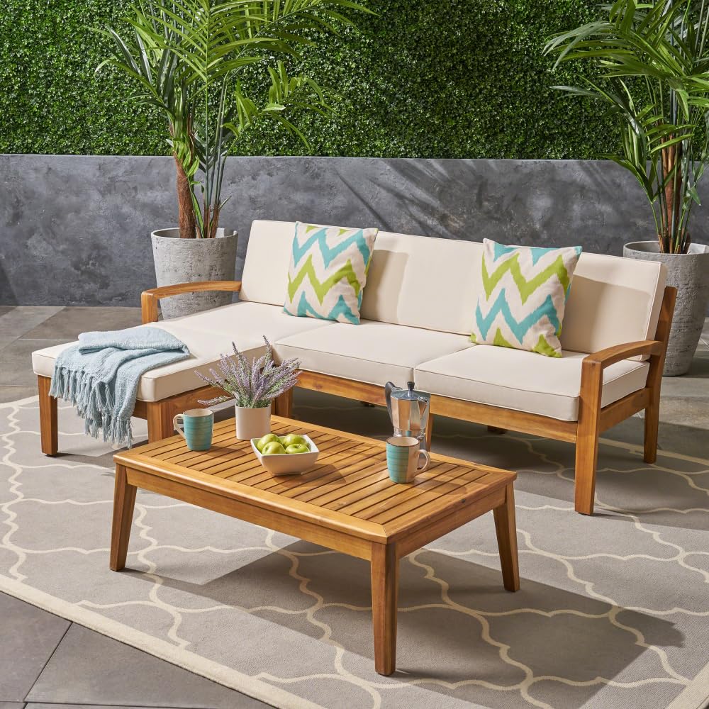 LICOME Patio Furniture Set 3-Piece Sectional Sofa - Acacia Wood Outdoor Furniture with Water-Resistant Cushions - Patio Deals - Garden Outdoor Chairs (Teak+ Beige) LICOME