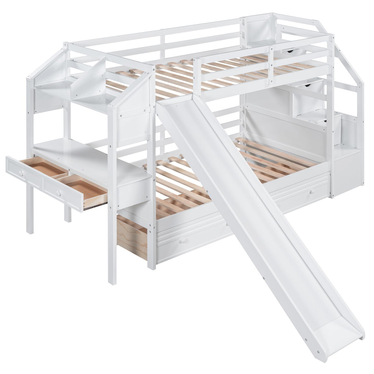 Harper & Bright Designs Bunk Bed with Stairs & Slide, Wood Twin Over Twin Bunk Bed with Desk and Shelves,Bunk Bed Twin Over Twin Size with Storage Drawers for Kids Teens Girls Boys, White Harper & Bright Designs